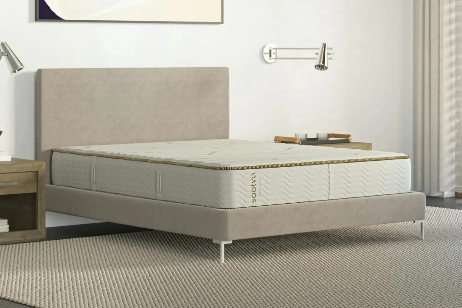 Refined modern bedroom featuring a Zenhaven® natural latex mattress and inviting sleep environment